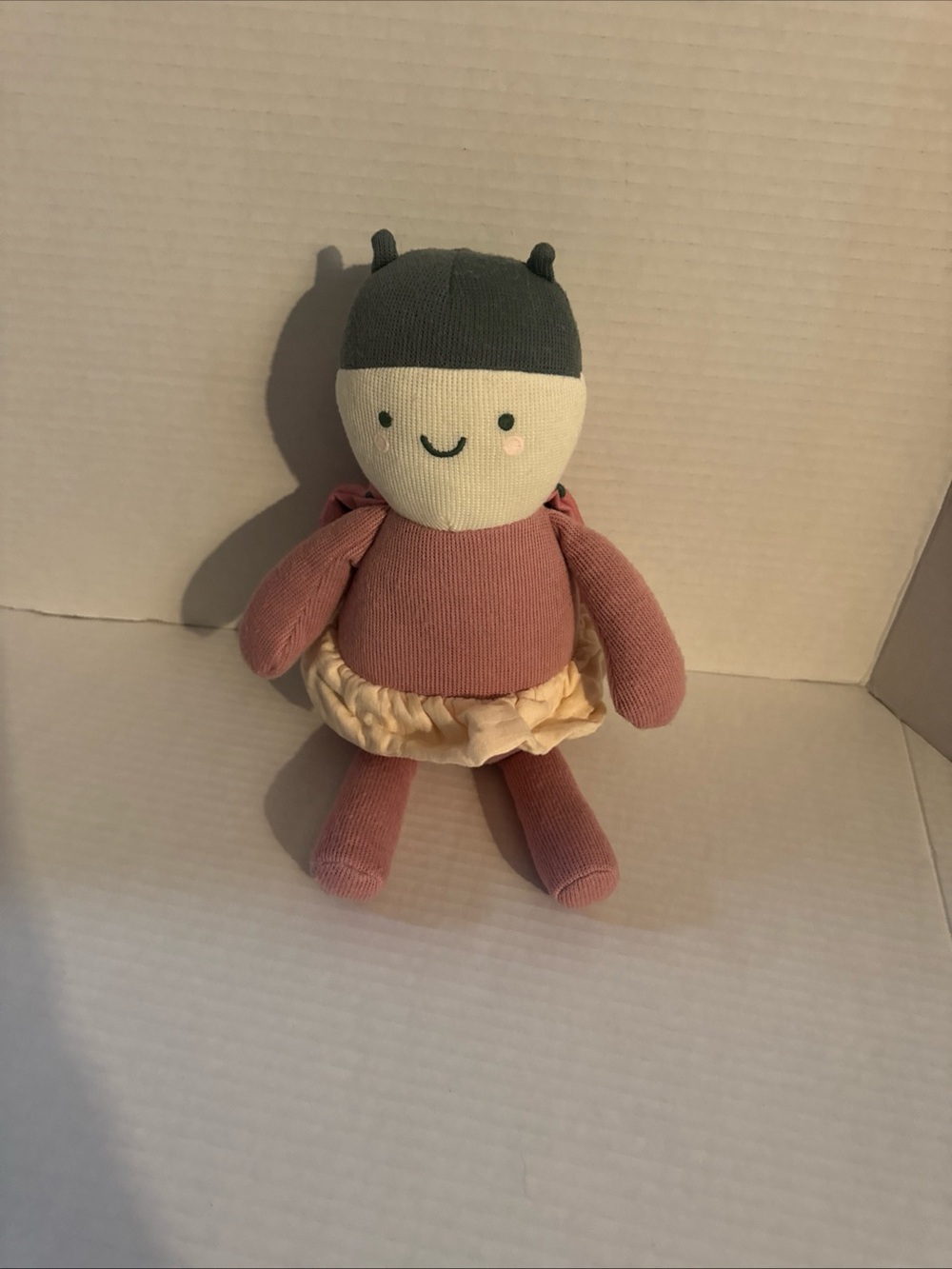 cloud island Dusty Pink Plush Doll with Cream Skirt and Dark Gray Beanie